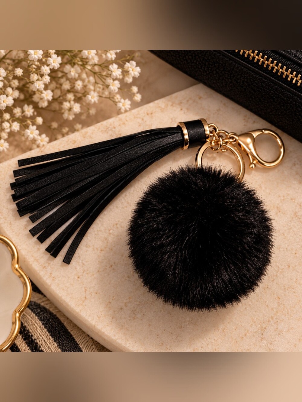 Black Faux Fur Pom Pom Tassel Keychain/Purse Charm Women Accessories New